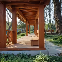a covered wooden deck with benches in the distance
