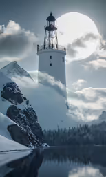 a lighthouse with clouds and water in the foreground
