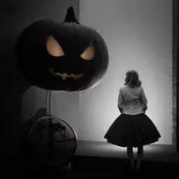 a woman is looking at an illuminated pumpkin