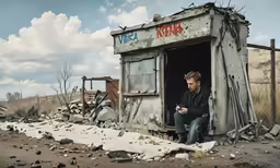 a man sitting in the open door to a shack