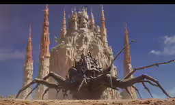 a building stands in the background while a giant spider crawls across the ground