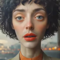 a woman with bright orange lipstick looks down at the camera