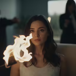 a woman holding onto fire torches in a dark room