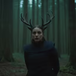 woman standing in woods with horns on her head