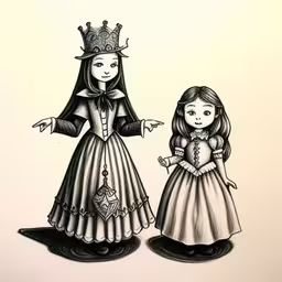 two dolls wearing costumes on a white surface,a drawing of two dolls dressed as princesses