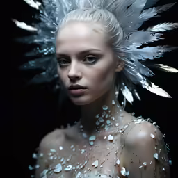 a white woman with white feathers and makeup on