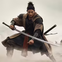 an asian woman in traditional clothing holding two swords