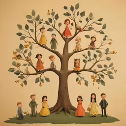 a family tree with dolls sitting on the branches