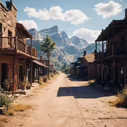 a dirt road in front of small buildings