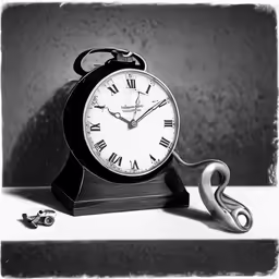 black and white photograph of an alarm clock