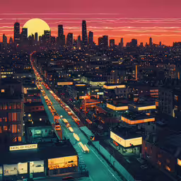 a sunset in the city with traffic on it,a large city with cars driving on the road