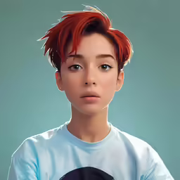 a person with red hair and a blue shirt