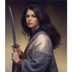 woman in kimono holding sword under golden backdrop