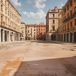 a deserted parking lot with lots of buildings in the background