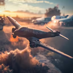 an airplane is flying over some grass and a dirt area
