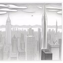 this drawing has a big city in the distance,black and white drawing of city with sky scrapes
