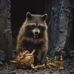 a raccoon is standing next to chess pieces