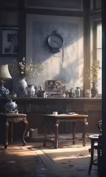 a room filled with furniture and pots with flowers