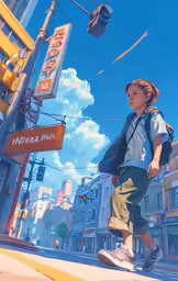an anime character standing in the middle of a street