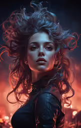 woman in a black dress and leather jacket with her hair flying