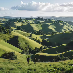 two people walking through a lush green field