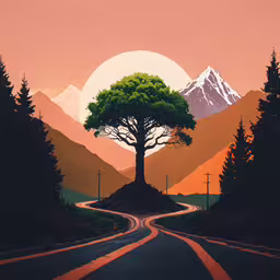 a picture of a sun setting in the mountains and trees,a painting of a sunset with mountains and a tree