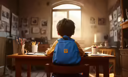 the boy is sitting at his desk doing homework