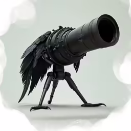 the black bird is standing in front of a large telescope
