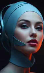 a woman with her face tilted slightly, wearing a futuristic head band