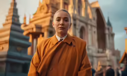 a woman stands in front of an elaborate building