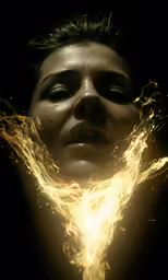 woman with light fire face and hands up to the camera