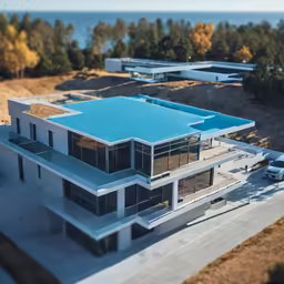 an aerial view of a house near the ocean