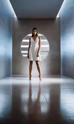 a woman is standing in an airy room