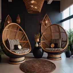 two large rattan chairs are placed in front of a potted plant