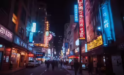 a street at night with people walking on the sidewalk and buildings along the street