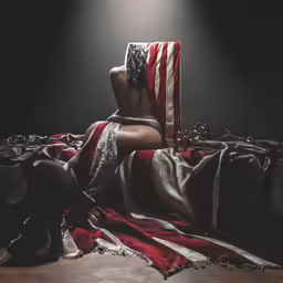 an american flag draped around the back of a woman on a bed