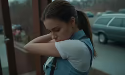 a girl is leaning her head on the railing