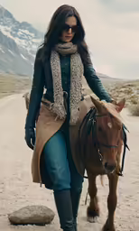 a woman walking with her horse on the road