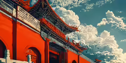 a painting of a red building with some birds flying around