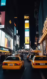 taxis and cabs drive in the city at night