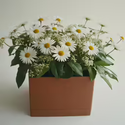 small brown vase filled with lots of white flowers