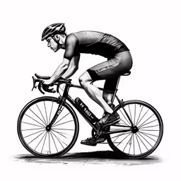 black and white photo of bicyclist riding on street