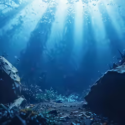underwater scene of blue, green and blue water with rocks