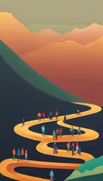 people walking on a winding yellow path in a desert,several people in the distance walking on the road