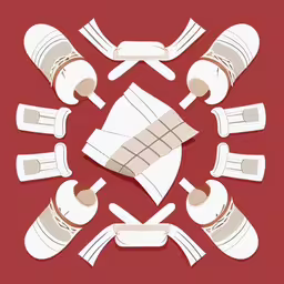 a round arrangement with many different items,a round arrangement of objects on red background,white objects forming a circle on red background,illustration of crocet shaving tools arranged in a circle on red background,paper cut out of different kind of tools