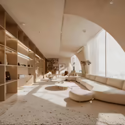 an arched ceiling and large bookshelf in the living room