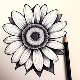 the drawing has white and black flowers,the drawing on the paper is drawn with a pencil