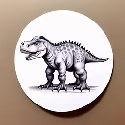 a small white paper with a black dinosaur drawing,a drawing of a dinosaur on a round sticker