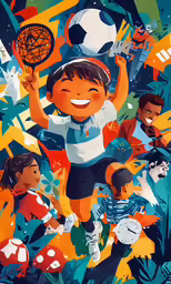 kids holding soccer balls with sports icons above them