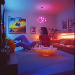 two young ladies sitting on a couch talking